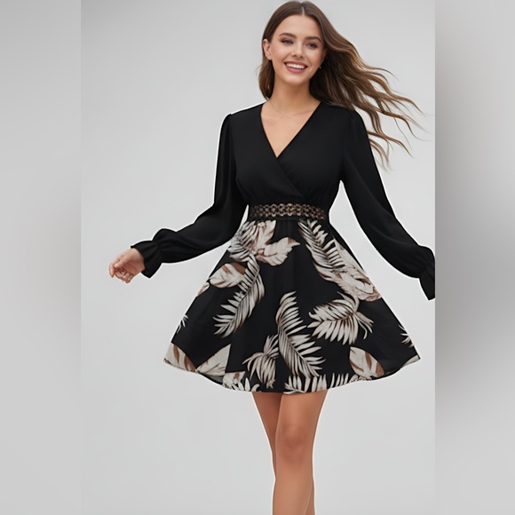 Tropical Print Guipure Lace Insert Flounce Sleeve Dress - Picture 2 of 7